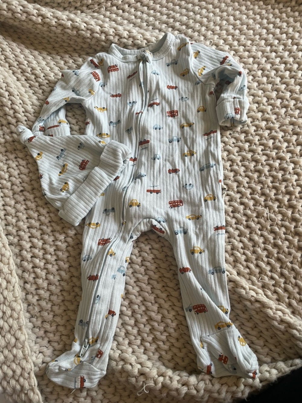 Hat and Baby Ribbed One-Piece Footed pajamas in Light Blue with Car Print